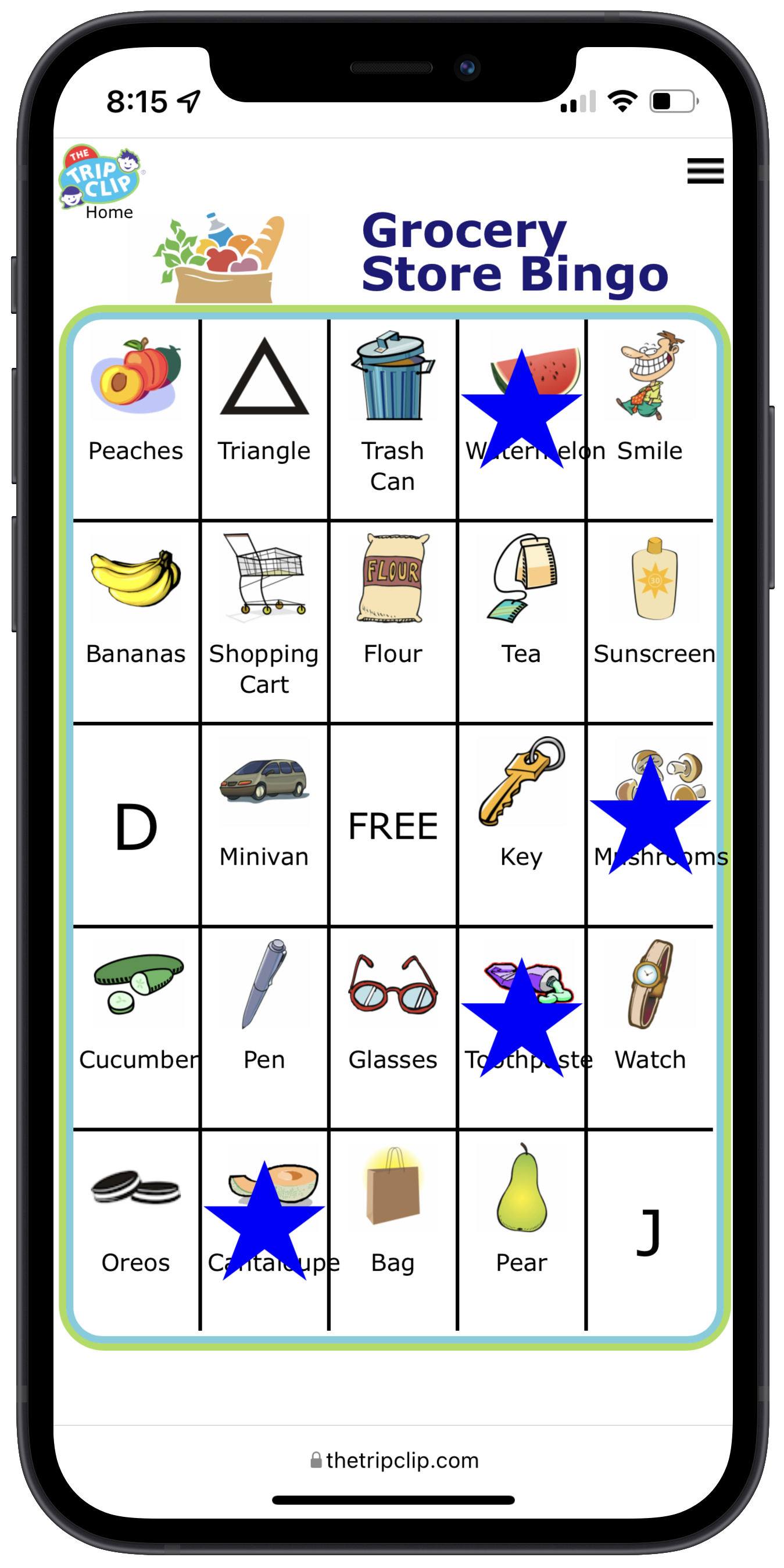 Bingo board on iphone with groceries at the top and titled Grocery Store Bingo